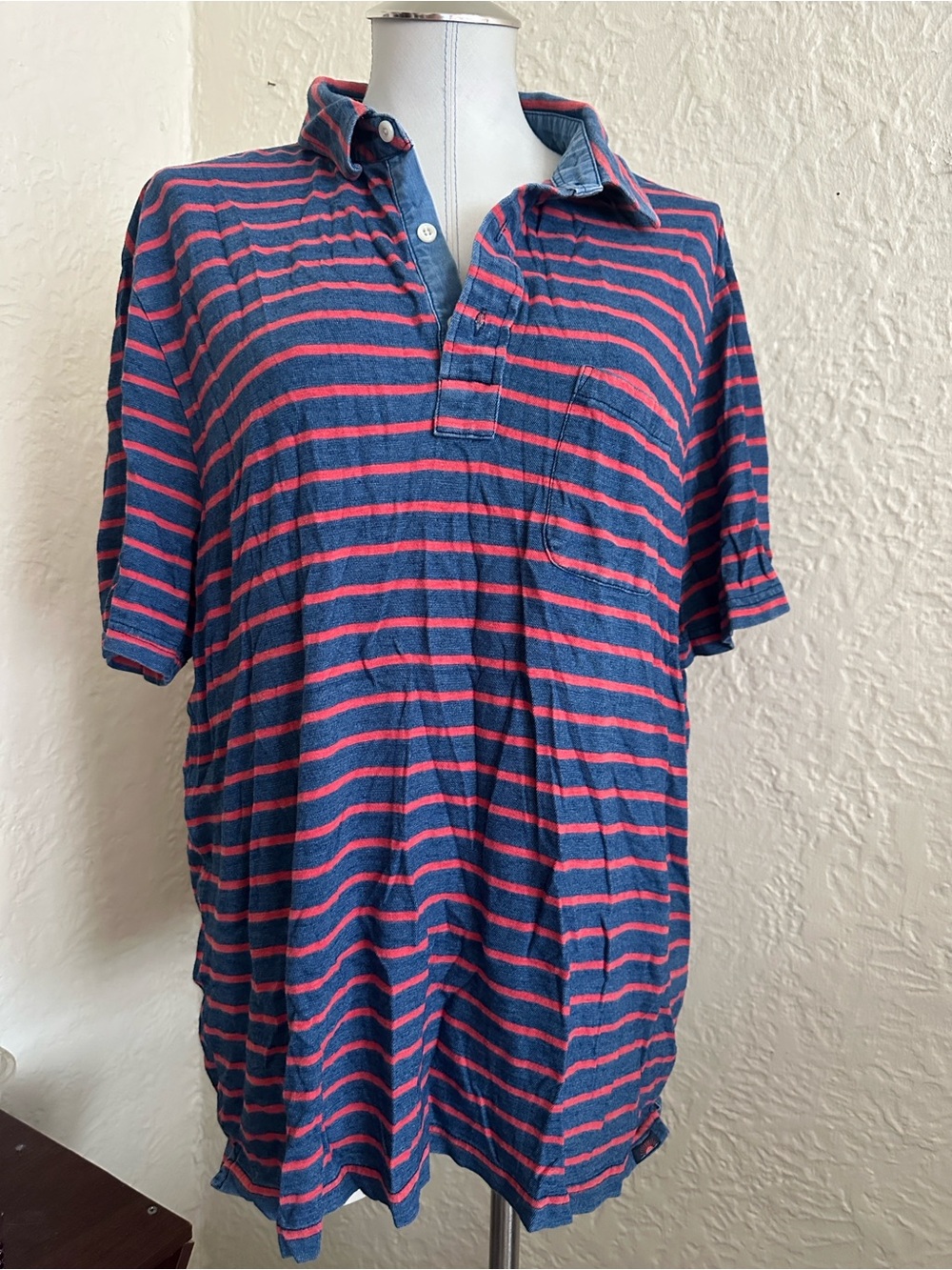 Faherty Blue Red Stripe Short Sleeve Breton Polo Shirt XL